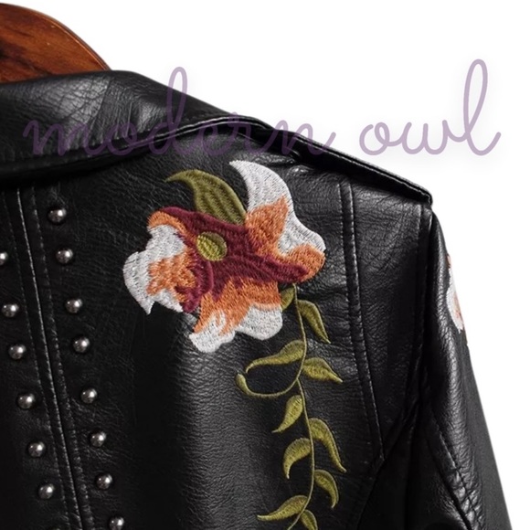 New! Black Embroidered Flowers With Stud Faux Leather Motorcycle Style Jacket - Picture 13 of 15